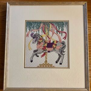 Elegant Carousel Horse Cross-Stitch Art Framed and Matted set Hand Crafted